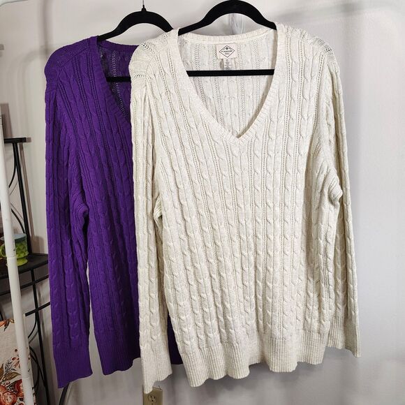 ST. JOHN'S BAY 2 Cable Knit Sweaters 2X Women's Long Sleeve V-Neck Bundle Lot - Picture 1 of 8
